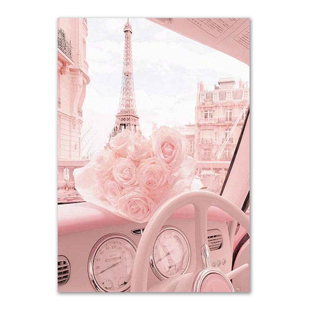 Pink Modern City Wall Art Plakát Tisk Květina Balón Móda Pařížská věž Obraz na plátně Dekorace Obraz pro domácí dekoraci