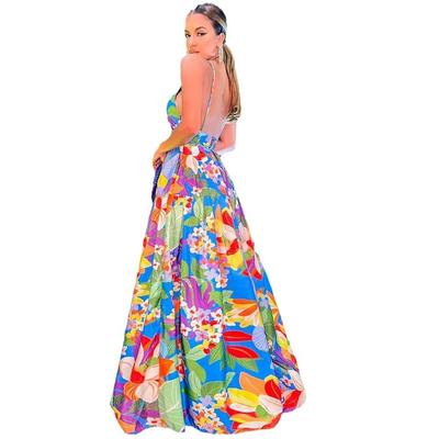 Verano Nuevo Ropa Europea Y Americana Para Mujer Vestido de los Deseos Vacaciones Estampado Multicolor Hombros Descubiertos Oscilante Tirante Largo