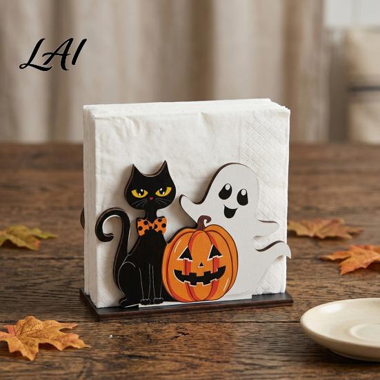 Cute Cartoon Napkin Tray Halloween Ghost Wooden Holder Paper Towel Decorative Holiday Party Dessert Table Decor Stand Freestanding Tissue Dispenser