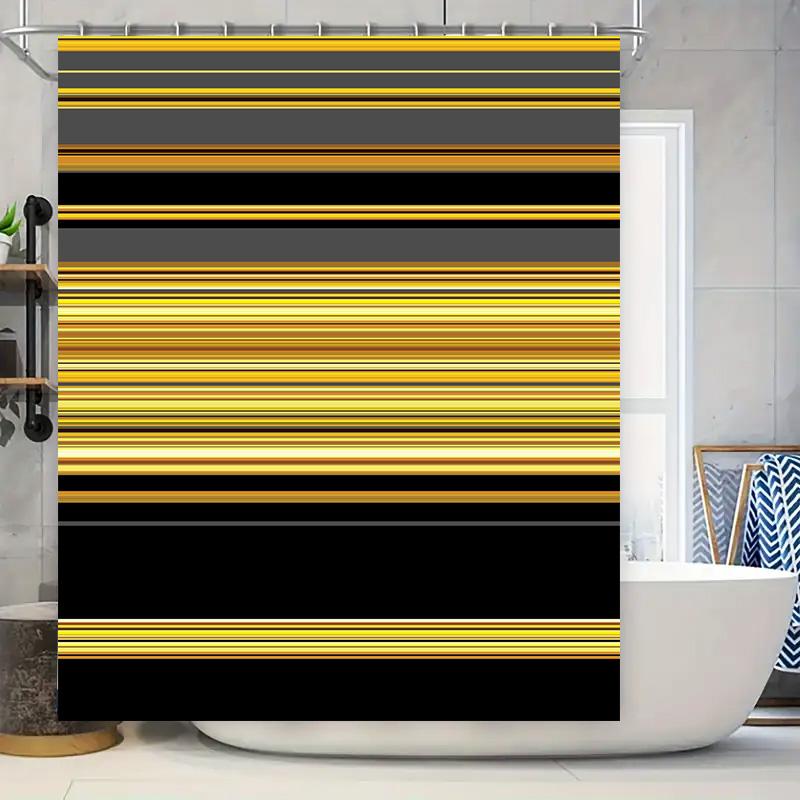 Modern Bathroom Decor Shower Curtain with Golden Stripes 3D Printed Waterproof Fabric Customizable Size for Home Bathing Room De