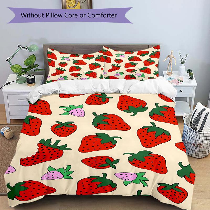 3-teiliges Bettwäsche-Set mit Erdbeerprint, Atmungsaktiv und Weich, Geeignet für alle Jahreszeiten, Ideal für den Heimgebrauch, Geeignet für Schlafzimmerdekoration 21144