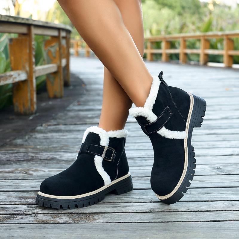 Fleece platform British style plus size cotton shoes women's 2025 winter new warm round toe buckle hairy booties