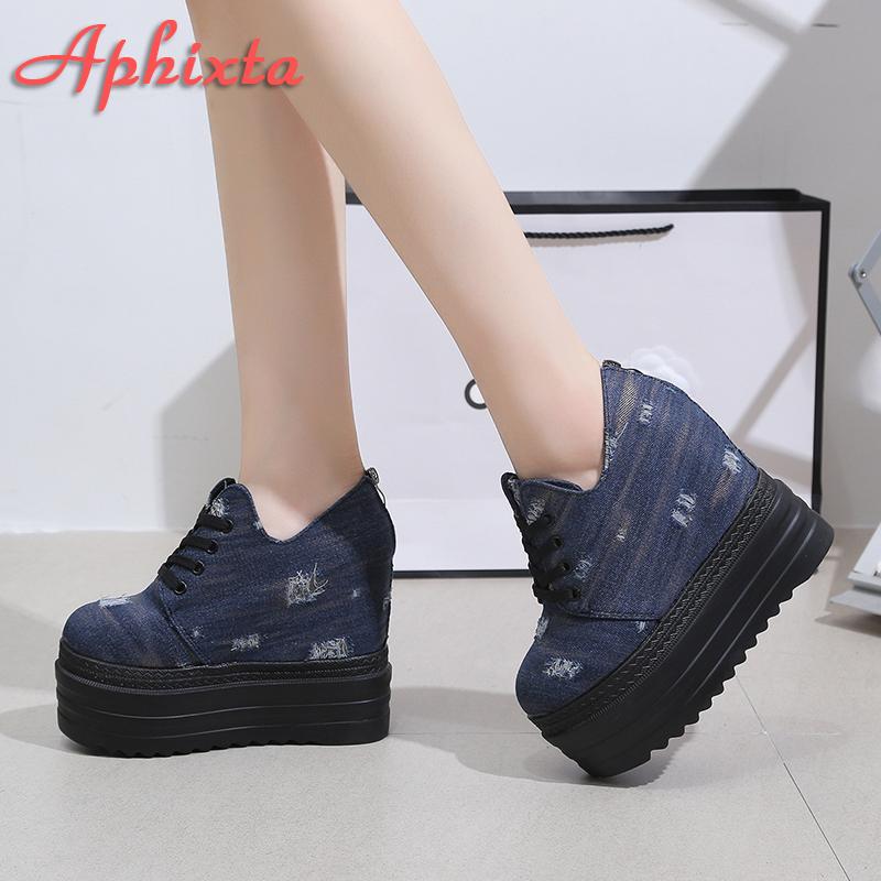 Aphixta Blue Denim Upper Platform Ankle Boot Height Increasing Women Back Zip Shoes Thick Botton Sole Lace Up Botas Mujer