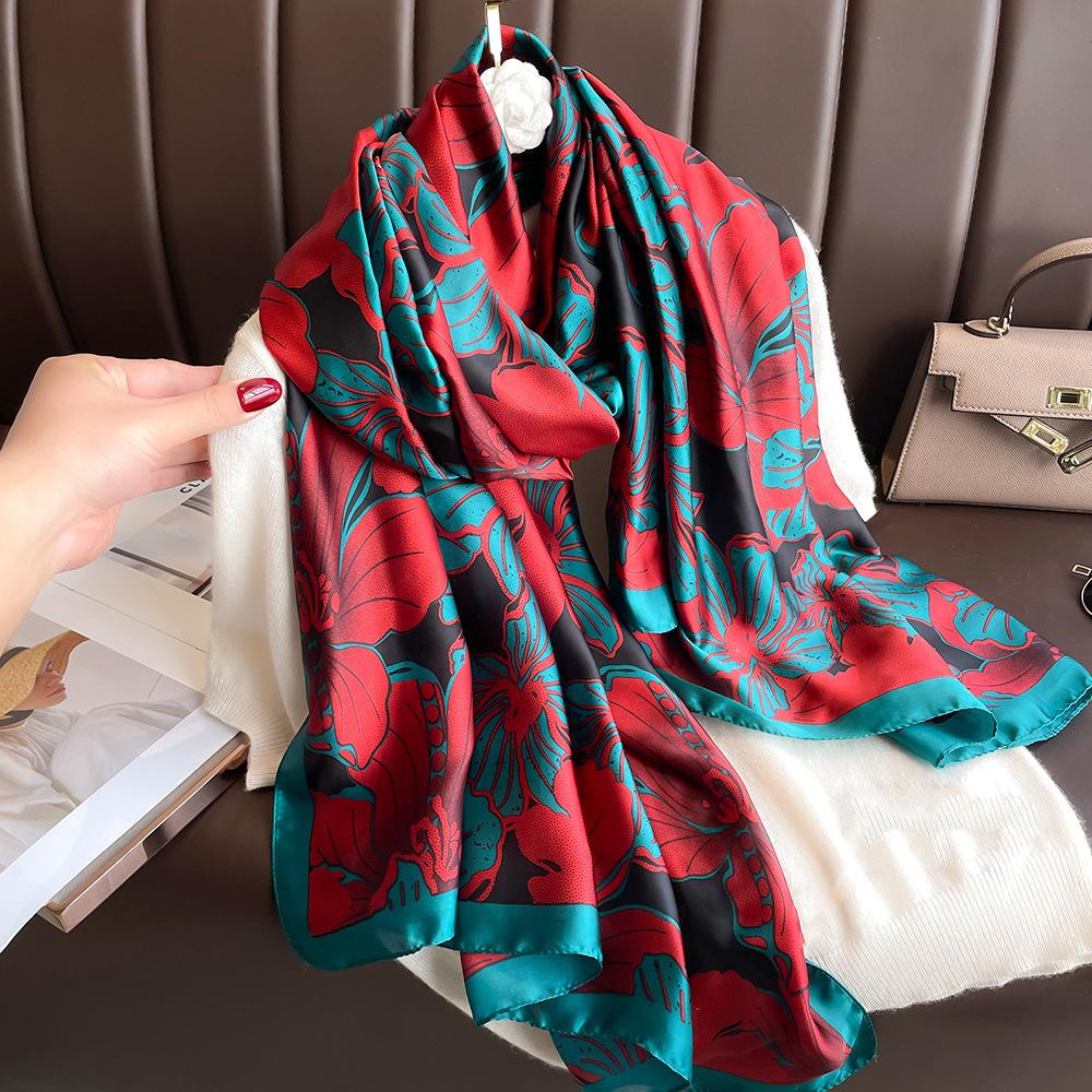 New silk scarf new silk satin printed shawl holiday fashion sunscreen long section simulation silk scarf