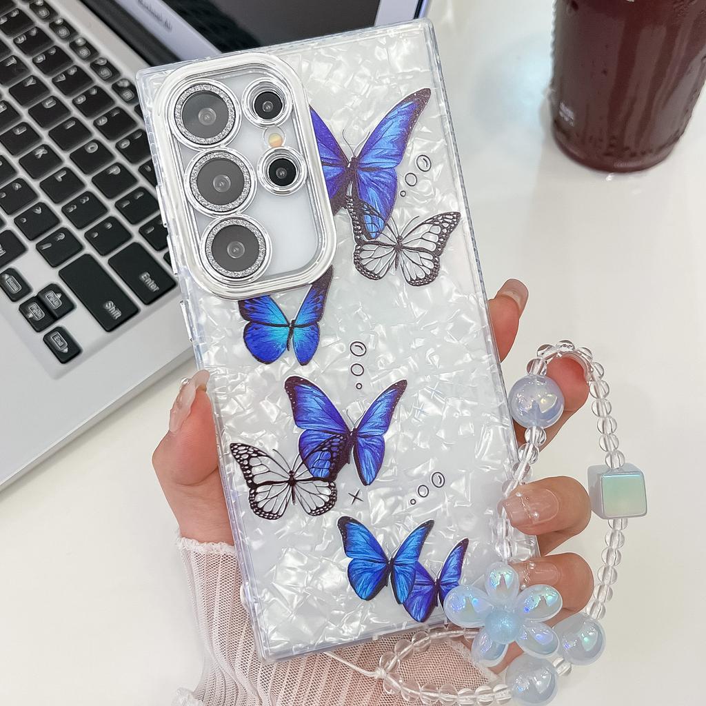 Small Fresh Embossed Butterfly Suitable for Samsung S25 Ultra Electroplated Mobile Phone Case Bracelet S24 Flash Powder Lens Film A56