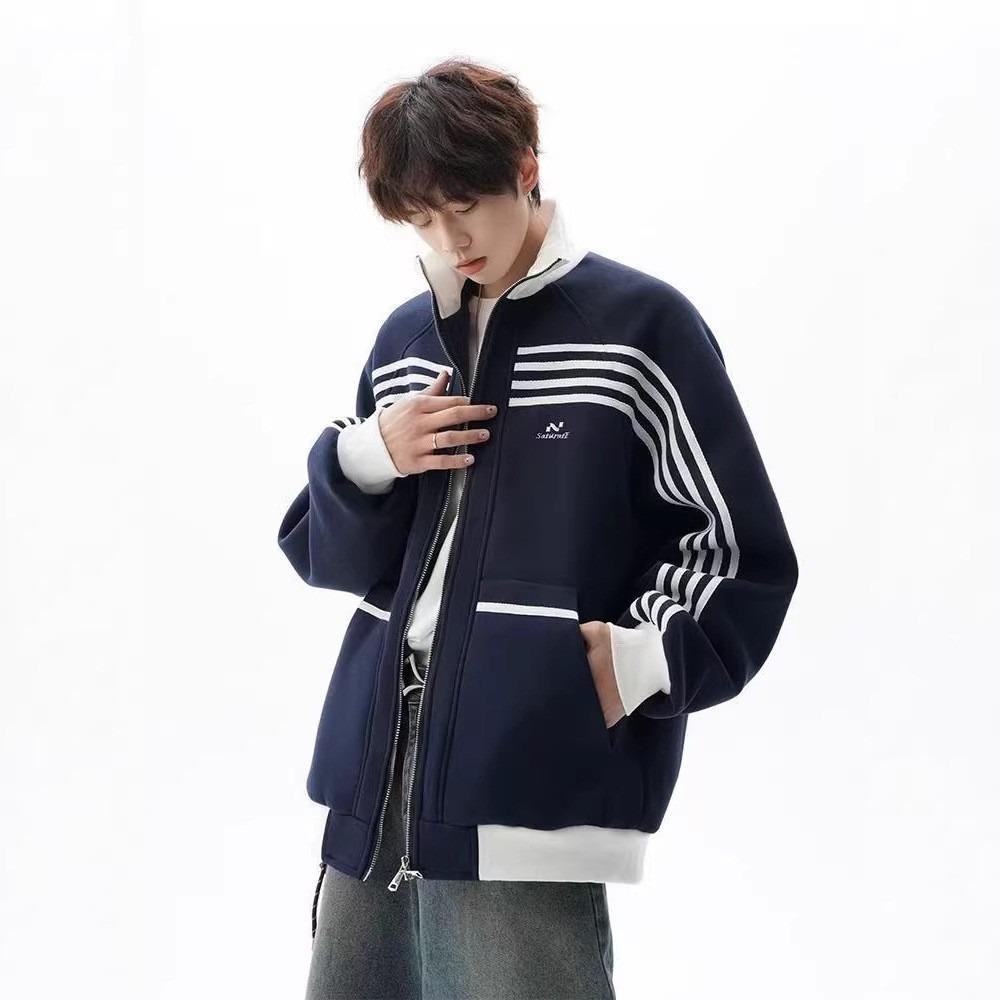 

Guochao Men s Retro Color Block Striped Jacket - Autumn Stand-Up Collar Patchwork Sports Cardigan XXL темно-синього кольору