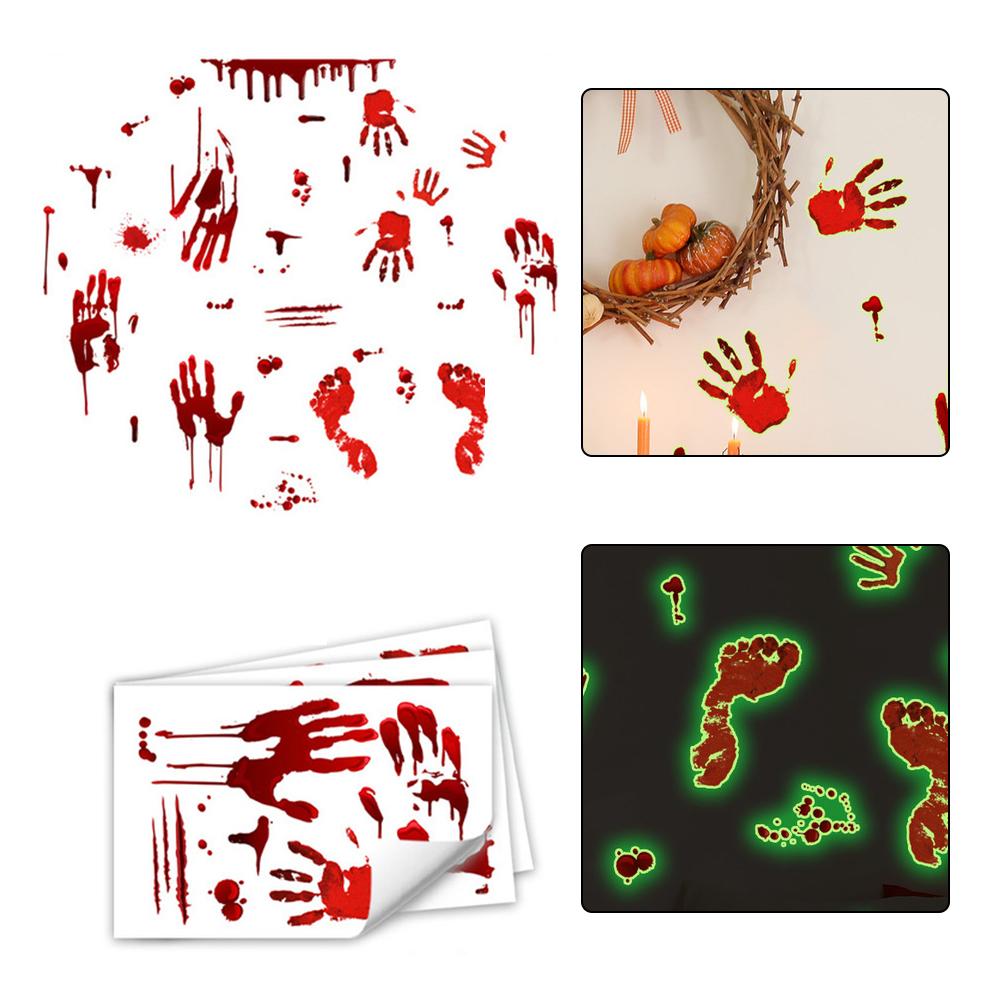 Halloween Luminous Blood Handprints Footprints Wall Sticker Background Holiday For Home Decor Accessory