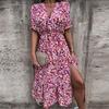 Womens Boho V-Neck Floral Midi Dress Summer Short Sleeve Beach Party Sundress