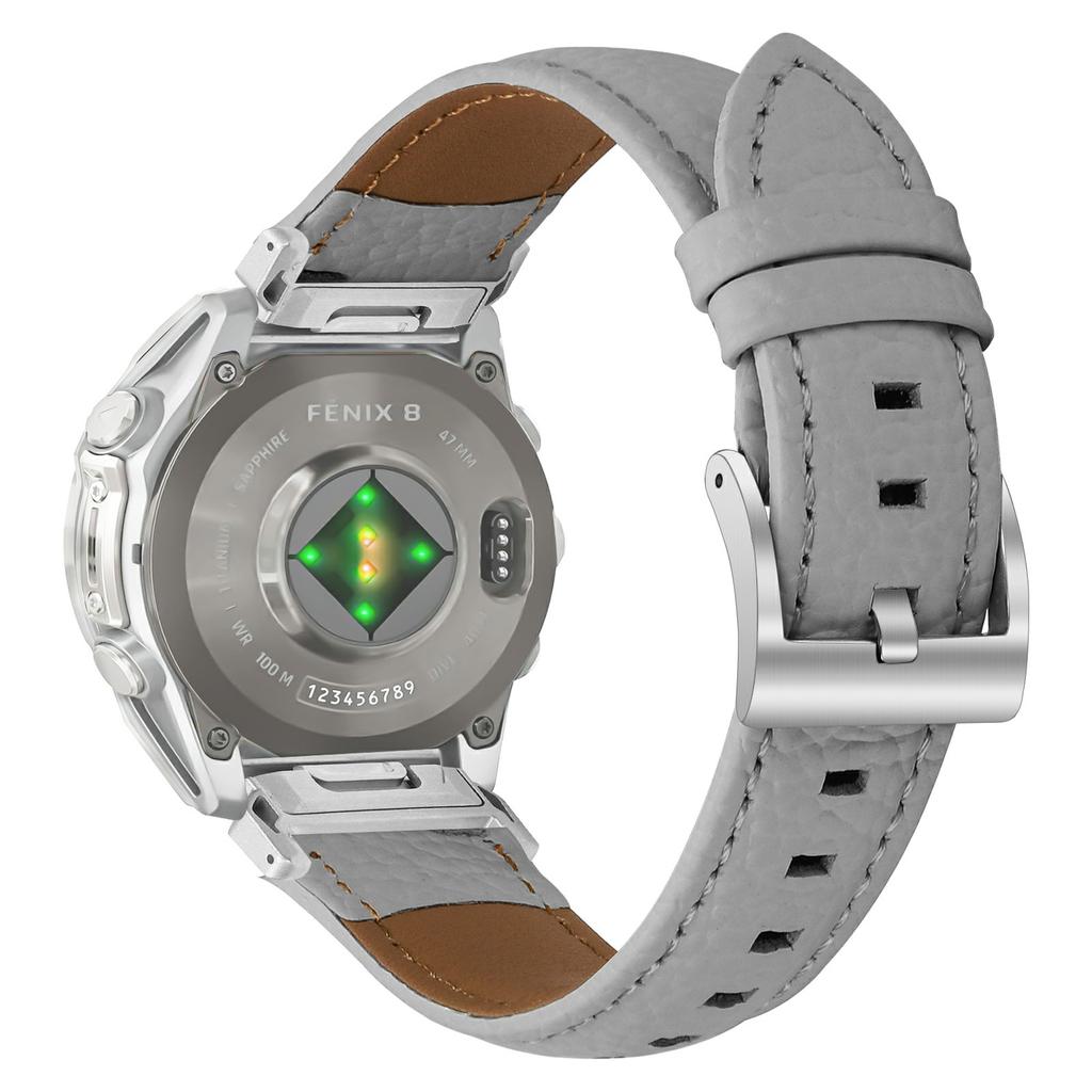 Litchi Texture Genuine Cow Leather Strap for Garmin Fenix 8 47mm/Tactix 8 47mm/quatix 8 47mm Pointed-End Watch Band with Silver Buckle