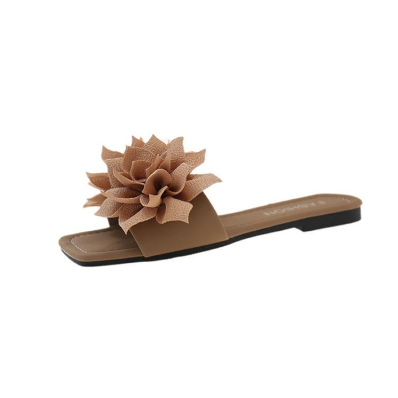 Casual Flat-bottomed Square-head Slippers Female Flower Lazy Person One Pedal Open-toe One-word Drag Beach Casual Women's Sandals