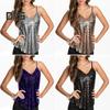 Women Top Low Cut V Neck Adjustable Spaghetti Strap Shiny Sequin Backless Sleeveless Solid Color Loose Performance Dance Club Party Tank Top Camisole