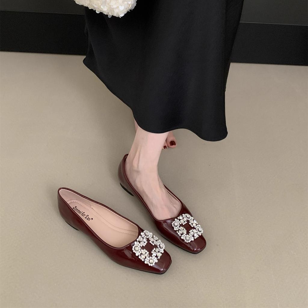 French Square Head Rhinestone Shallow Mouth Single Shoes Women's 2025 New Spring and Autumn Beanie Shoes Flat Laden Shoes Mary Jane Evening Shoes