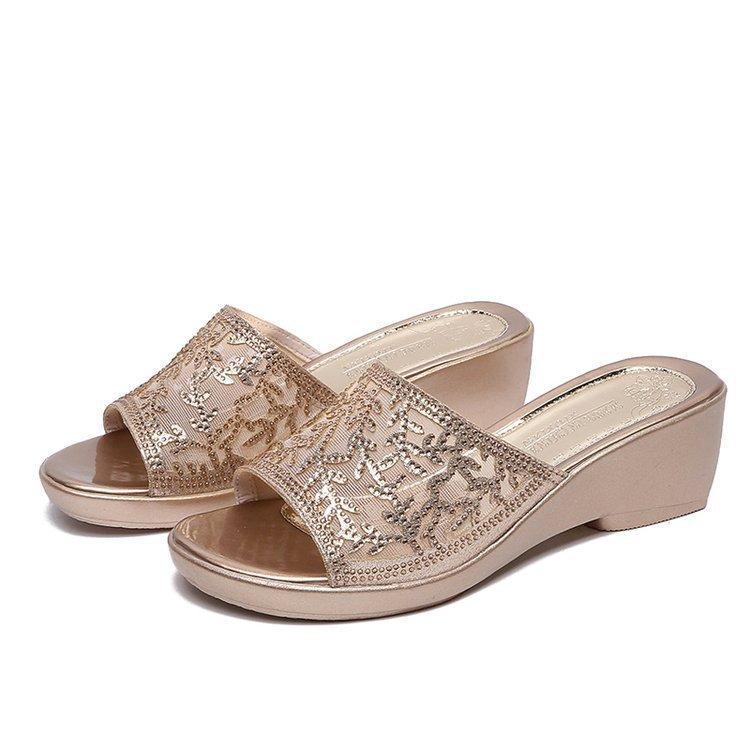 

Модные классические женские шлепанцы на танкетке, домашние удобные женские сандалии с открытым носком, шлепанцы, летние кружевные слайды, четыре сезона, большой размер 41 35 золотой