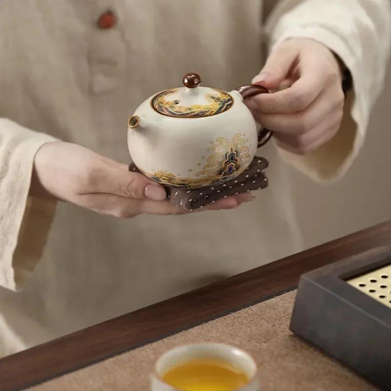 Chines Ru Kiln Ceramic Teapots Handmade Sea Wave Pattern Ball Hole Filter Xishi Pot Beauty Tea Infuser Kettle Household Teaware