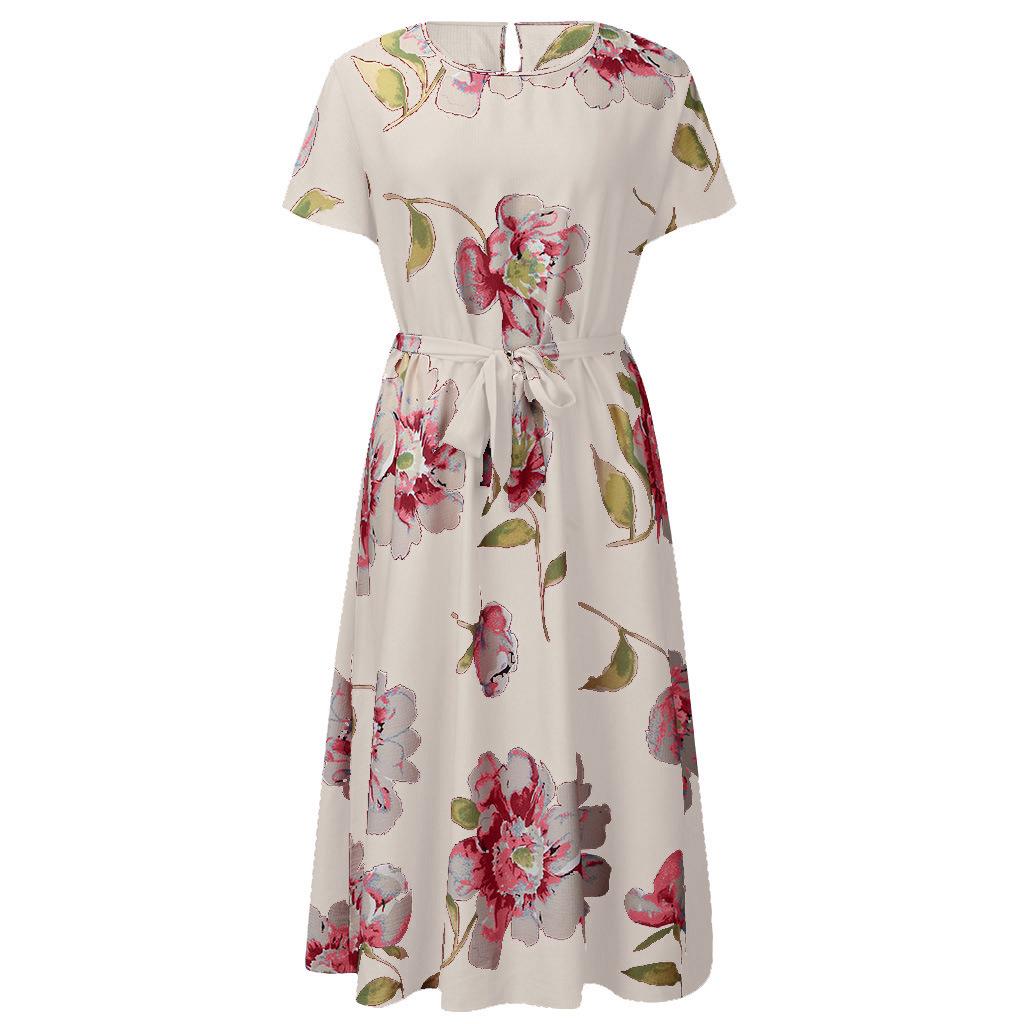 Women's Plus Size Printed Midi Dress - Round Neck, Short Sleeve, Waist-Cinched, European American Style