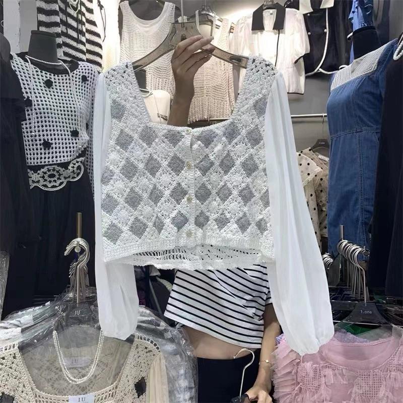 French Hollowed Out Spliced Chiffon Shirt with A Niche Retro Splicing Design, Short Square Collar and Stacked Sleeves, Women's Top