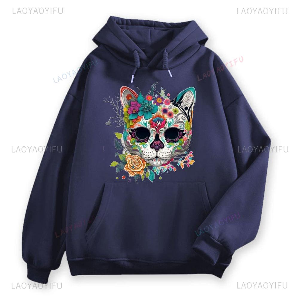 

Толстовка День Мертвых Кошка Сахарный Череп Рубашка Dia De Los Muertos Одежда Креативный Дизайн Женская Уличная Одежда Фестивальная Футболка Топы 3XL