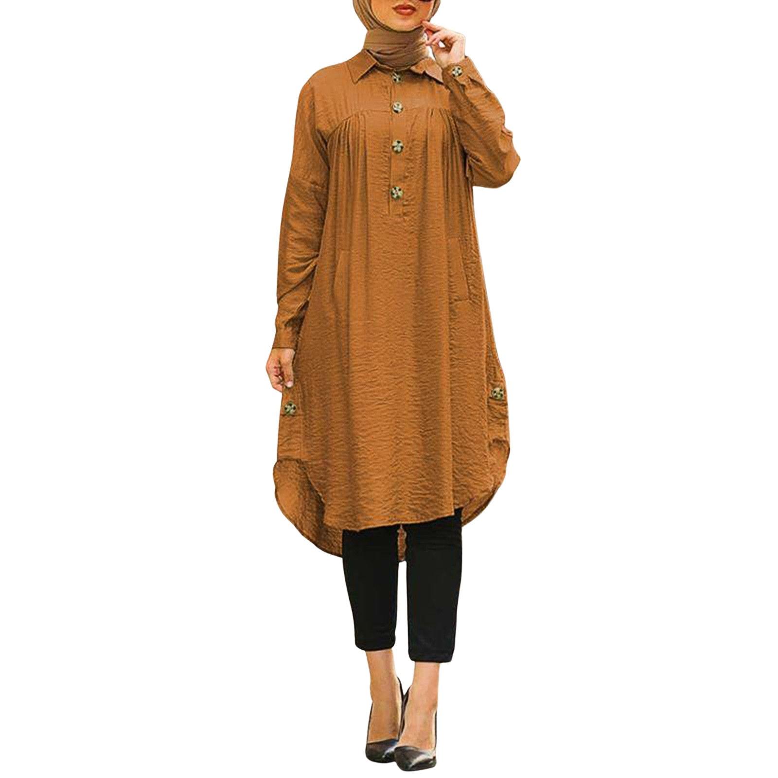 

Мусульманская женская рубашка-пуловер с круглым вырезом, юбка-трапеция, повседневные винтажные платья с пуговицами M жёлтый