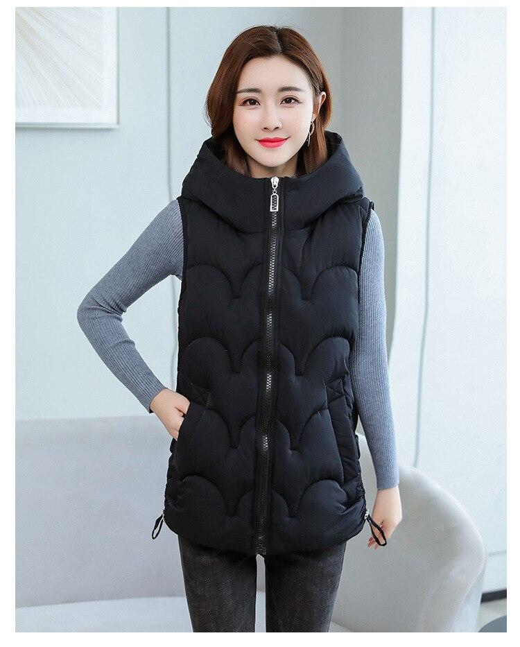 Autumn and Winter Women's Solid Color Loose Vest Drawstring Hooded Long Vest Jacket Cotton Padded Women's Windproof Warm Vest