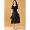 Women's Black Jacquard V-Neck Chiffon A-Line Dress