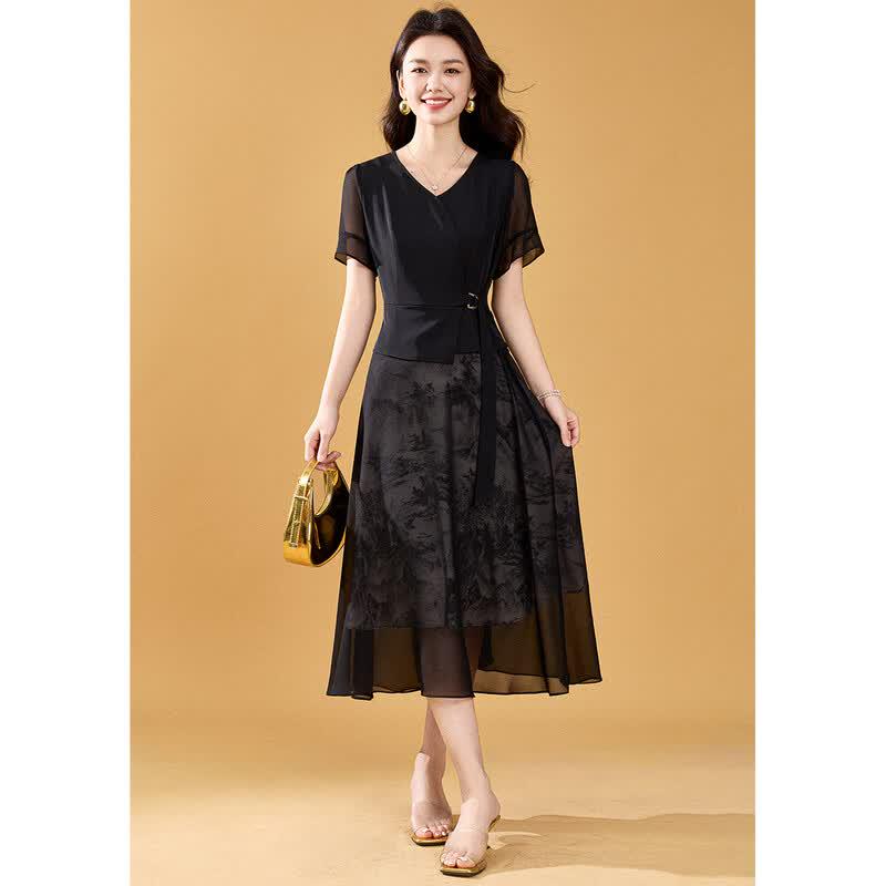Women's Black Jacquard V-Neck Chiffon A-Line Dress