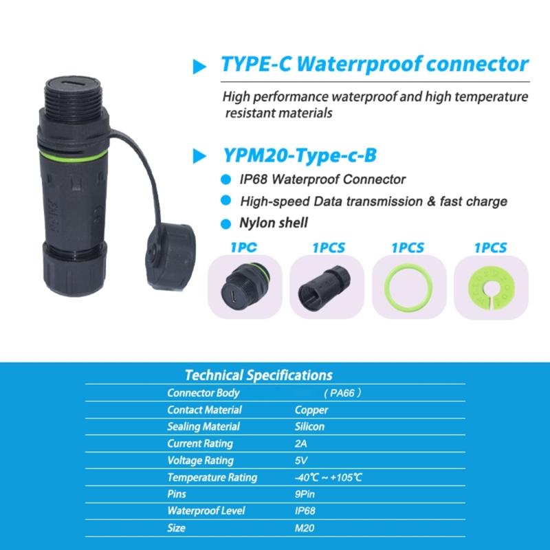 IP68 Wasserdichter USB Typ C Buchse Adapter zur Verlängerung der Kabellänge in rauer Umgebung für Datenübertragung & Aufladung