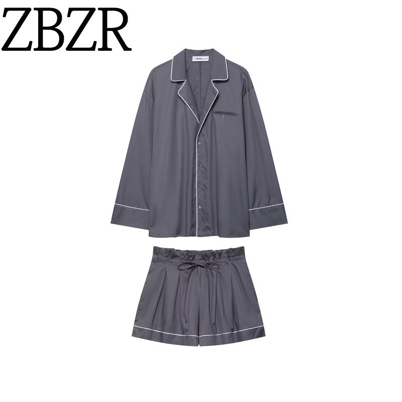 Zbzr Spring New Women Clothes Trim Poplin Lapel Long Sleeve Shirts Shorts Set 5063116 1255535