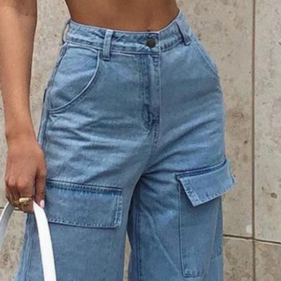 Dámské džíny s vysokým pasem, zapínání na knoflík a zip, rovné široké nohavice, denim