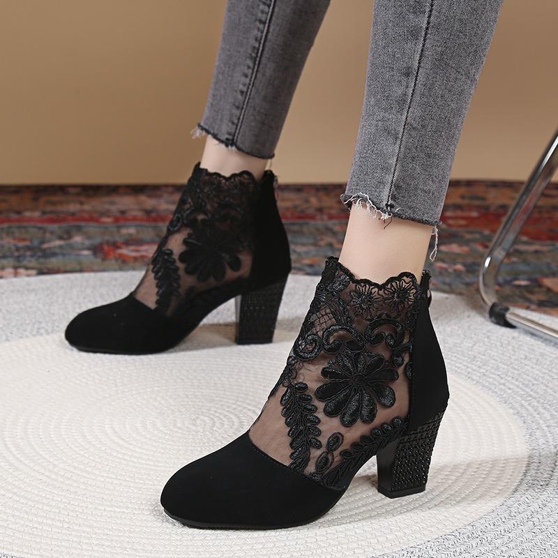 Lace Mesh Thick Heel High Heel Sandals Women's Spring and Summer Large Size Breathable Fashion Round Head Boots Fashion Short Boots
