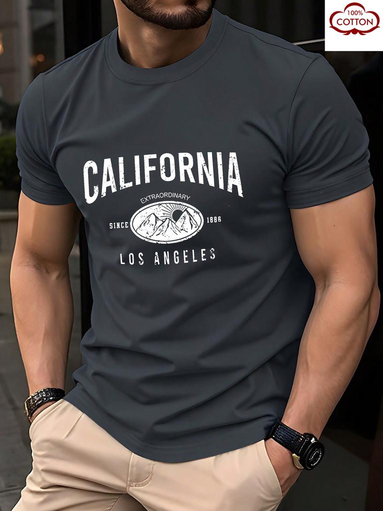 Summer Mens 100 Cotton California Pattern TShirt Retro Bear Star Print Short Sleeve Urban Fashion Street Trend Enthusiast