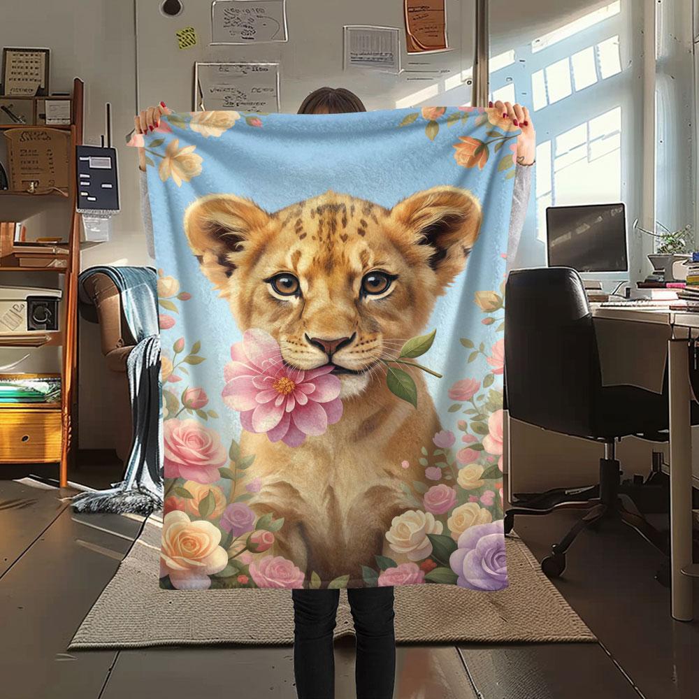 1Pc Cuteflowersanimals Print Flannel Blanket, High Quality Comfortable for All Seasons, Home Decor, Warmth and Comfort, Perfect for Christmas Gifts