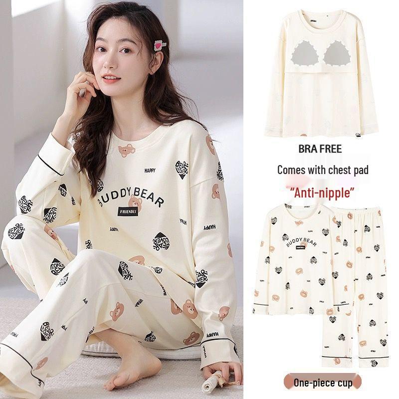 Women's Korean Style Cartoon Long Sleeve Casual Home Set with Chest Pads