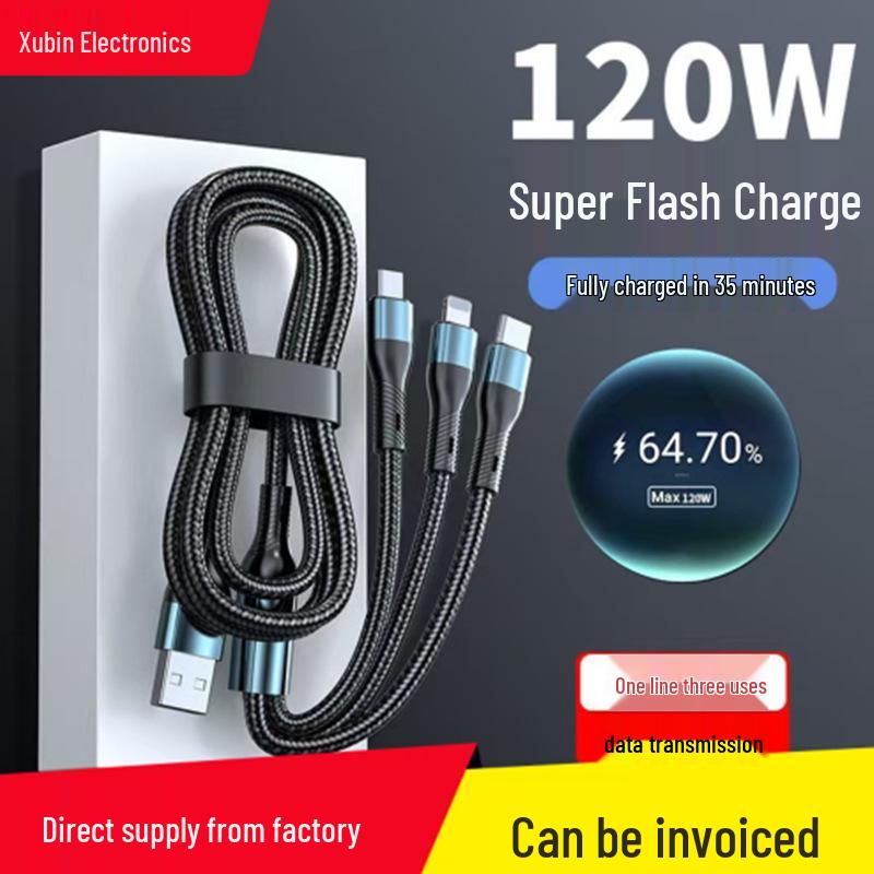 120W Braided Type-C Car Charger: Three-in-One Fast Charging Cable
