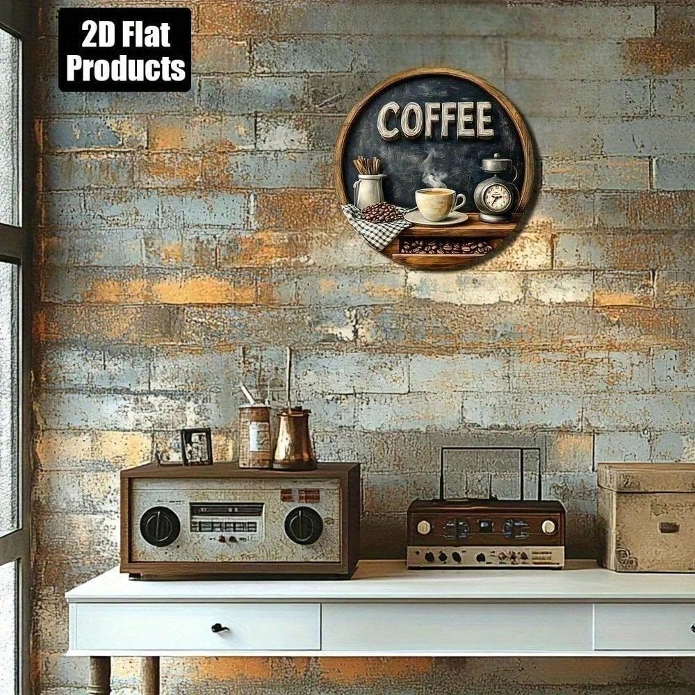 Vintage Round Metal Coffee Shop Sign, 2D Wall Art for Kitchen Cafe Home, Rustic Retro Bar Decor, Great Holiday Gift