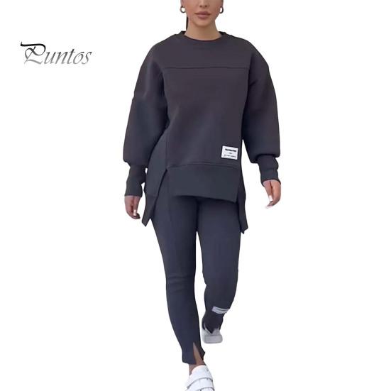 

2 шт./комплект женский топ брюки костюм круглый вырез длинный рукав разрез подол толстовка эластичный пояс однотонные облегающие брюки зимний повседневный наряд M темно-серого