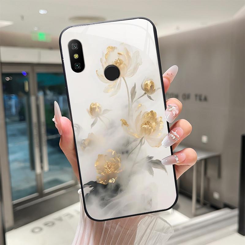 Beautiful Flower Cute Cartoon Cats Case For Xiaomi Mi A2 / Mi A2 Lite Tempered Glass Phone Case Protective Back Cover Hard Shell