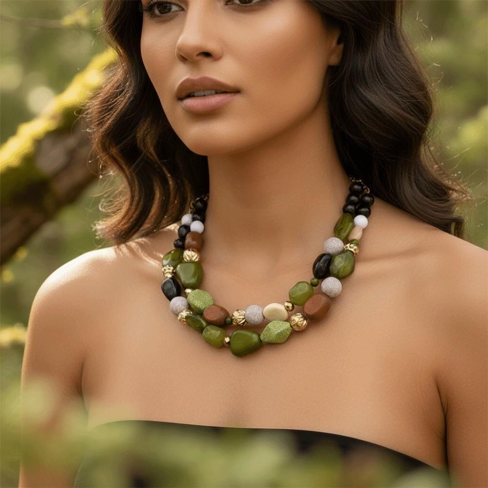 Lightweight-acrylic Green Tone Choker Geometric-shaped Layered Bead Jewelry Gift-for-mother