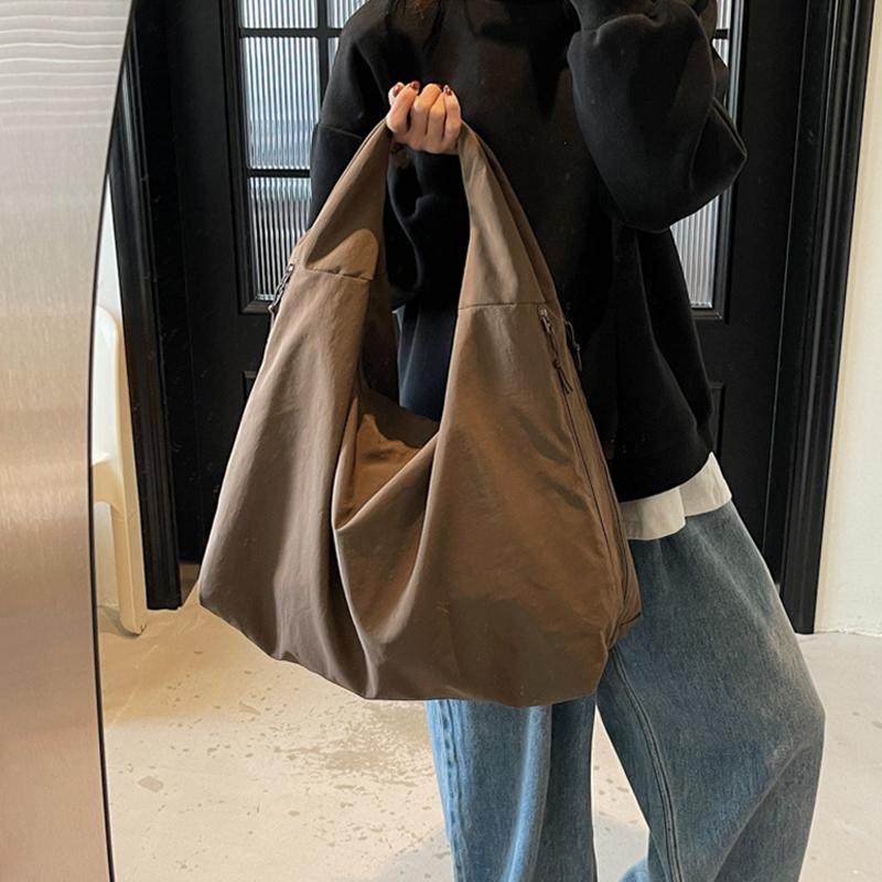 Chic Nylon Tote Bag Multi-zippered Pocket Shoulder Bag Large Simple Solid Color Underarm Bag For Student Work, Everyday Use
