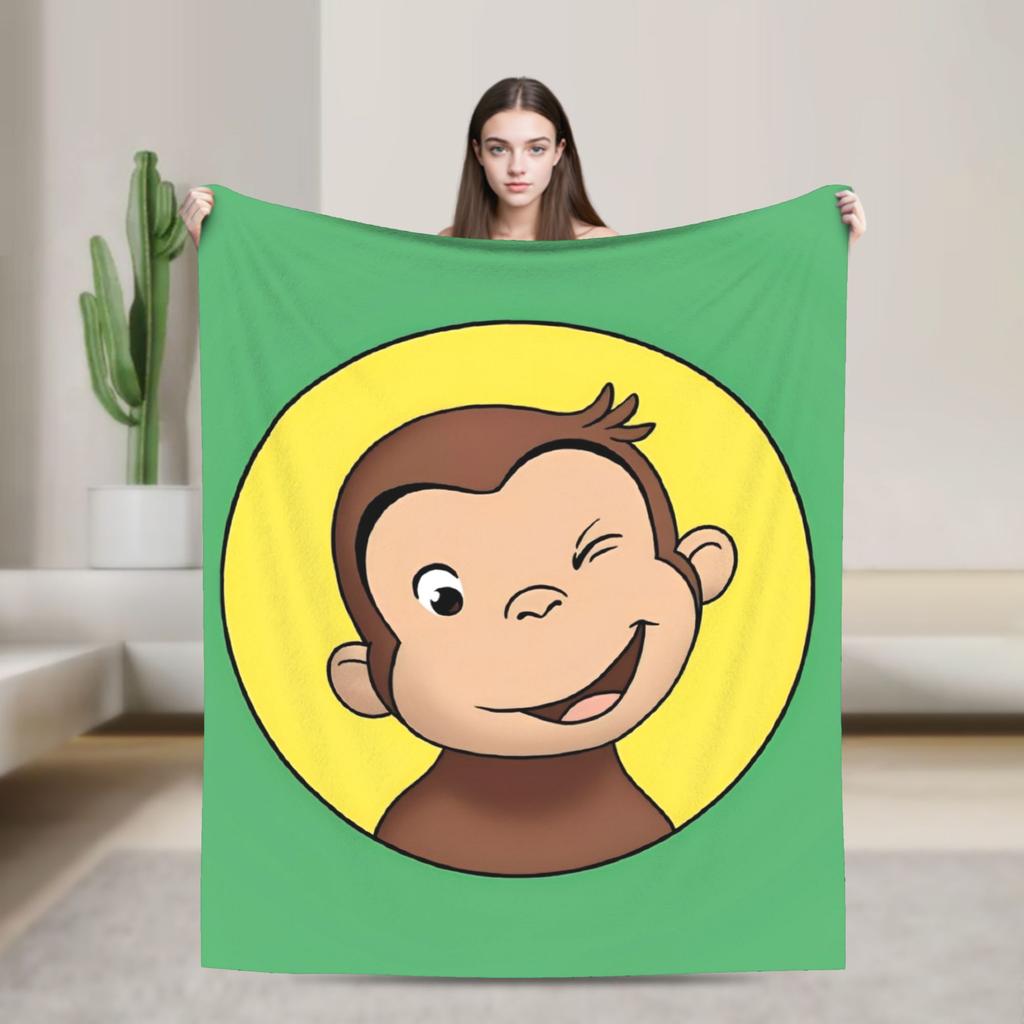 Cartoon Curious George Flannel Blanket  Soft Warm Throw Blanket for Couch Chair Decorative Funny Bedspread Sofa Bed Cover