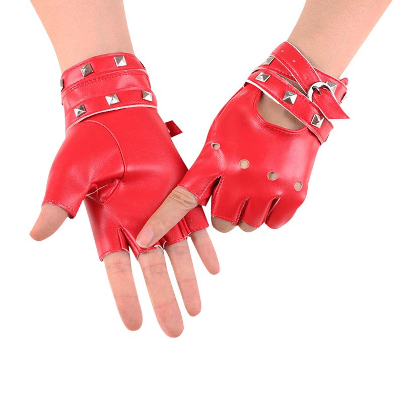 Women's Half-Finger Leather Dance Gloves with Rivet Chain for Performance and Street Dance