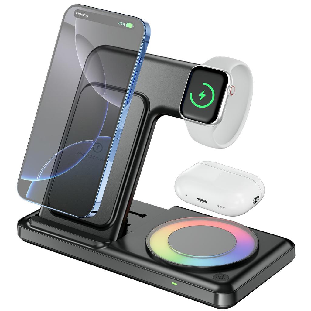 Q50D 4 in 1 Foldable Wireless Charger Dock 15W Fast Charging Station with RGB Ambient Light for Mobile Phone Apple Watch AirPods