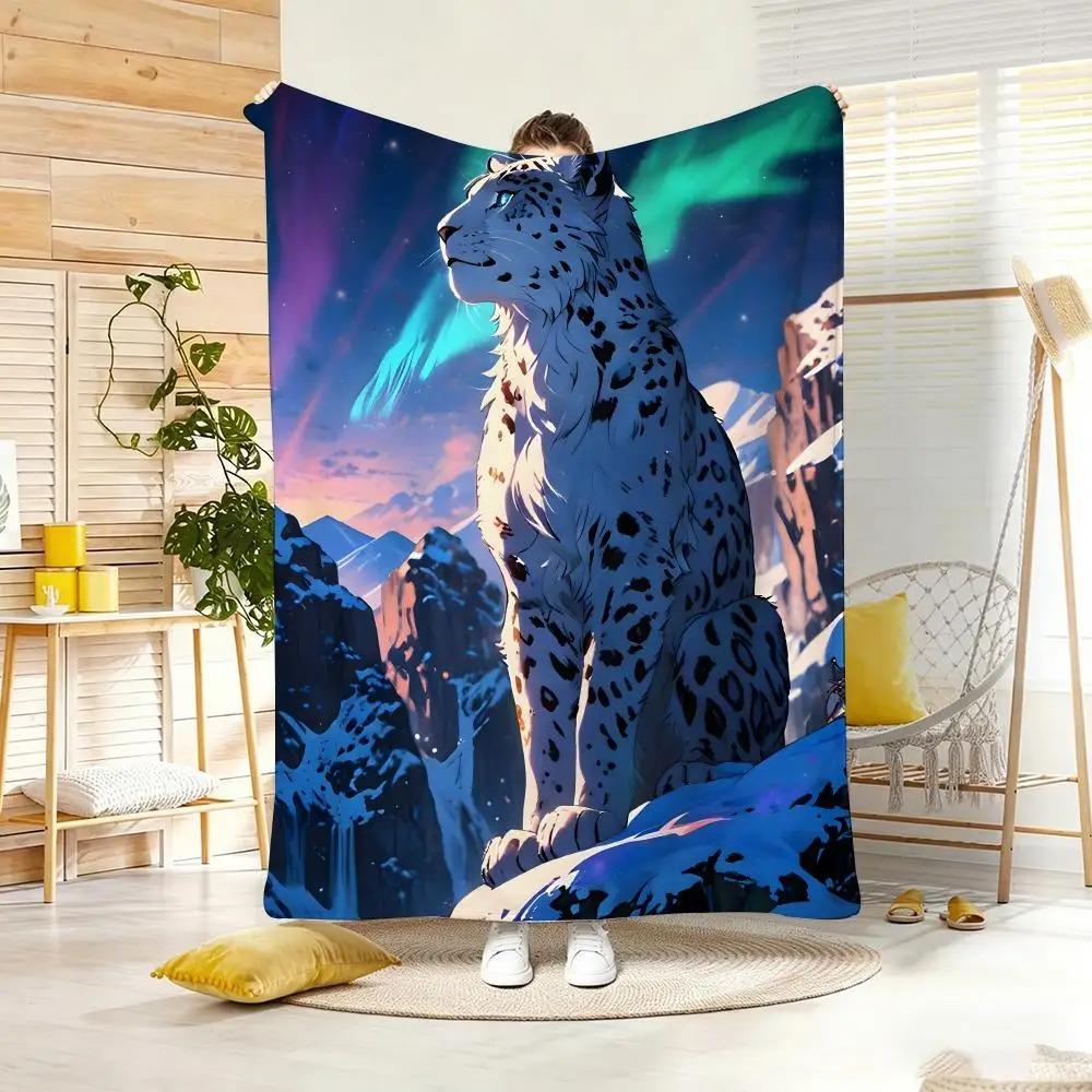 Cute Cartoon Calming Anima Snow Leopard Throw Lightweight Flannel Blanket Soft Skin-friendly for Summer Cooling