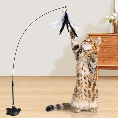 Yousheng Cat Tease Toy with Suction Cup Interactive Cat Toy Press Lock Sticks On Floors Cat Wand Toy Flexible Steel Wire Cat Feather