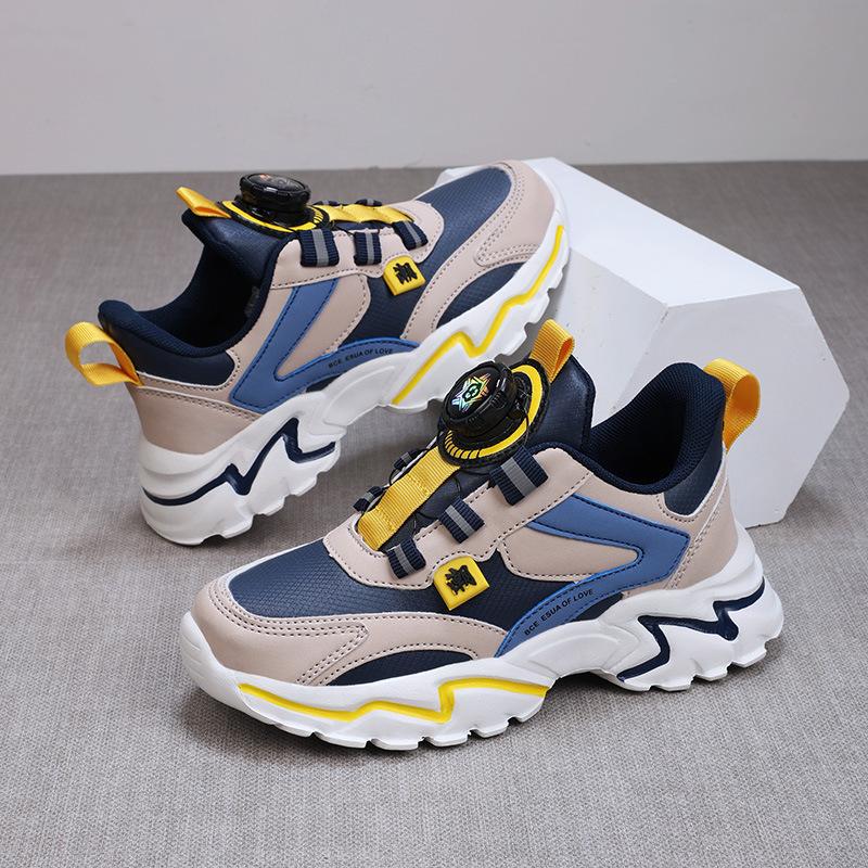 Boys shoes 2025 autumn new middle-aged and older boys rotating buckle mesh leather running shoes children's sports shoes
