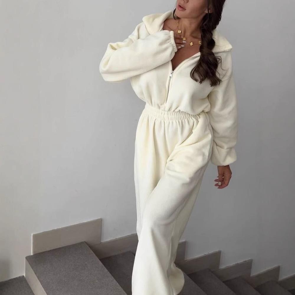 Women's Spring Autumn Long Sleeve Jumpsuit Casual Half Zip Elastic Waist Romper Set