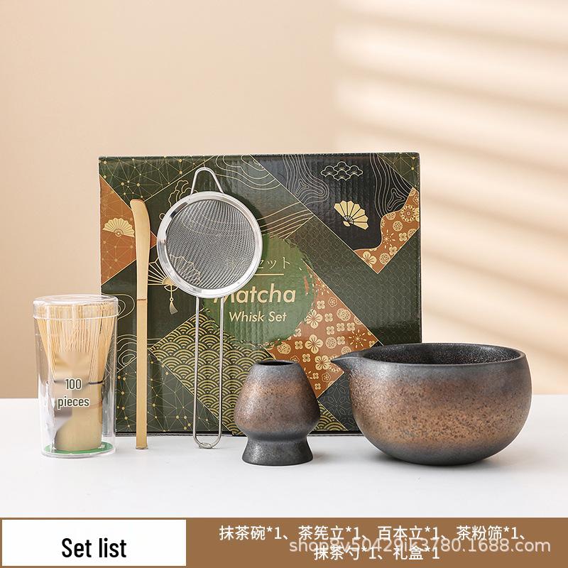 Japanese Gilded Iron Glaze Matcha Bowl and Whisk Holder - Retro Coarse Pottery for Tea Ceremony Accessories