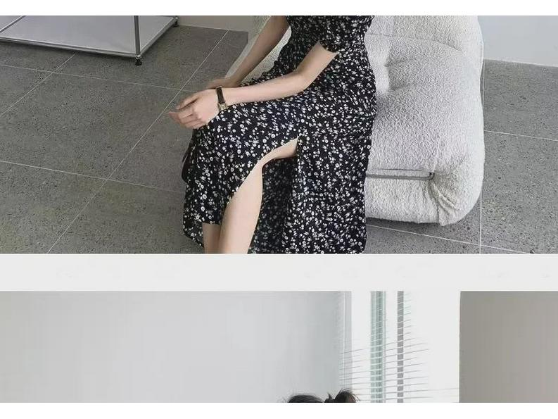 2025 Summer Black Floral Square Neck Slit Dress