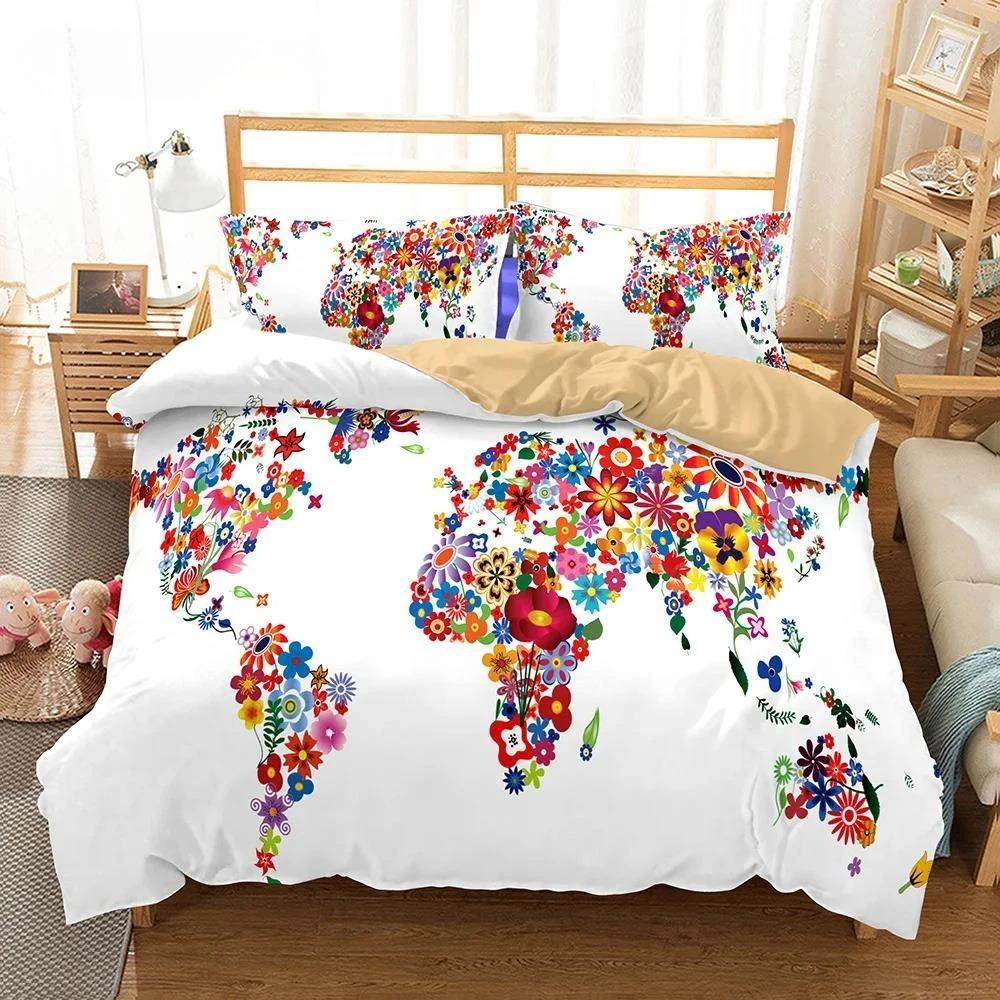 3D Bedclothes High Quality Warm Comfortable Bedding Set Modern Fashion Beddings Watercolor Painting map Double Bed 224x240cm