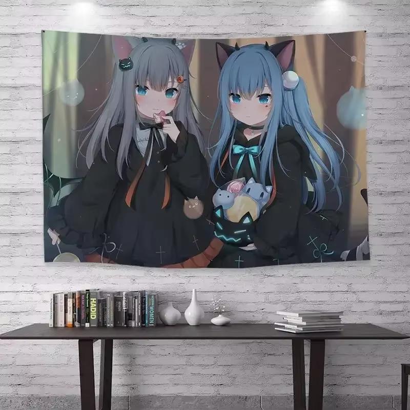 Cartoon Anime Girl with Cat Ears Tapestry Fashion Wall Hanging for Student Dorm Bedroom Bohemian Home Decor