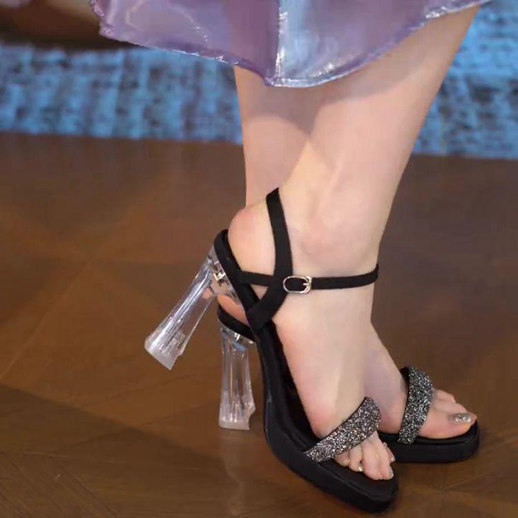 Korean version of rhinestone thick heel high heels for women's summer new transparent crystal heel open toe word with waterproof table sandals for w